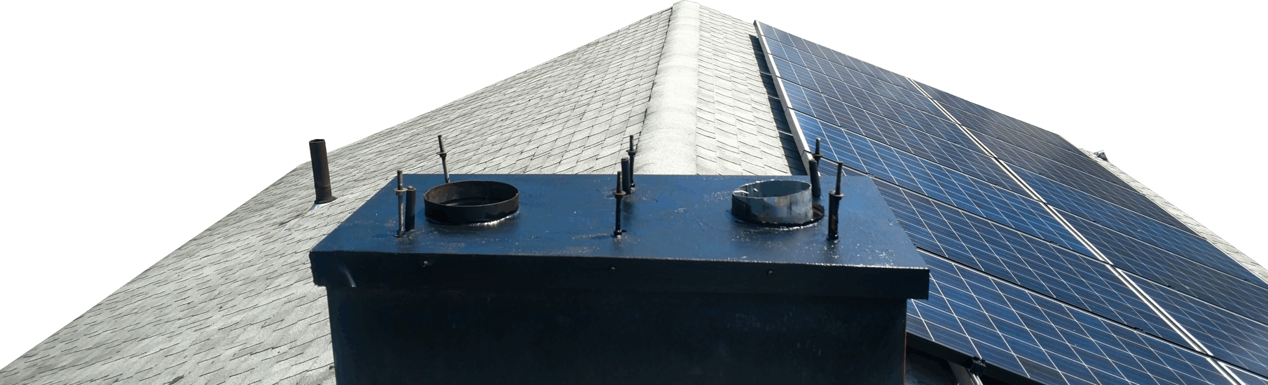 View of a rooftop featuring a black solar panel mount and exhaust vents, highlighting sustainable energy solutions and roof infrastructure.